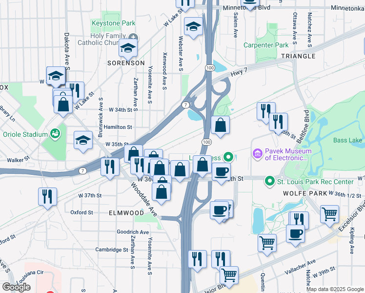 map of restaurants, bars, coffee shops, grocery stores, and more near 5600 Camerata Way in St. Louis Park