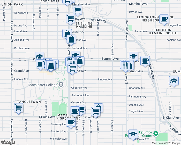 map of restaurants, bars, coffee shops, grocery stores, and more near 1498 Grand Avenue in Saint Paul