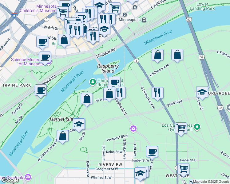 map of restaurants, bars, coffee shops, grocery stores, and more near 84 Wabasha Street South in Saint Paul