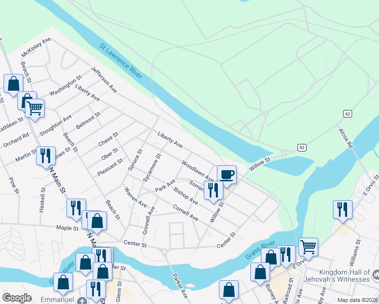 map of restaurants, bars, coffee shops, grocery stores, and more near 79 Liberty Ave in Massena
