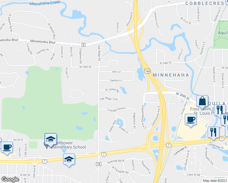 map of restaurants, bars, coffee shops, grocery stores, and more near 9801 Saint Johns Road in Hopkins