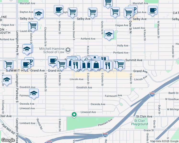 map of restaurants, bars, coffee shops, grocery stores, and more near 798 Grand Avenue in Saint Paul