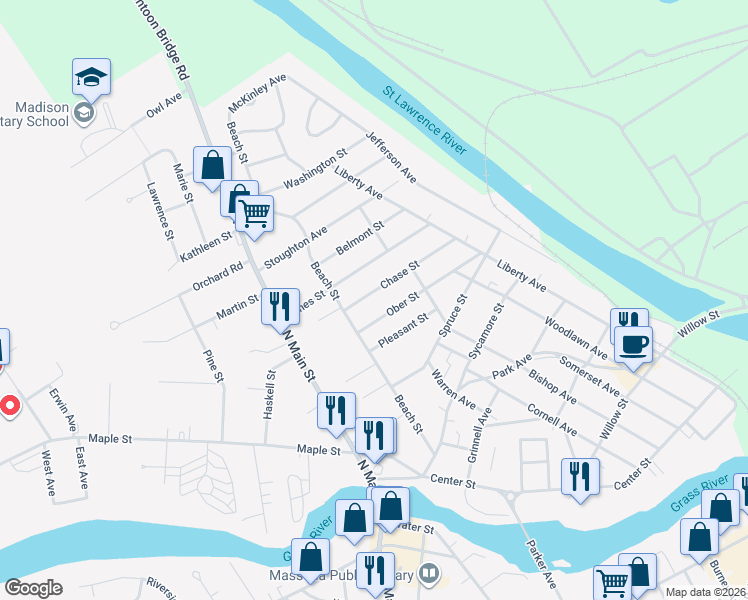 map of restaurants, bars, coffee shops, grocery stores, and more near 10 Chase St in Massena