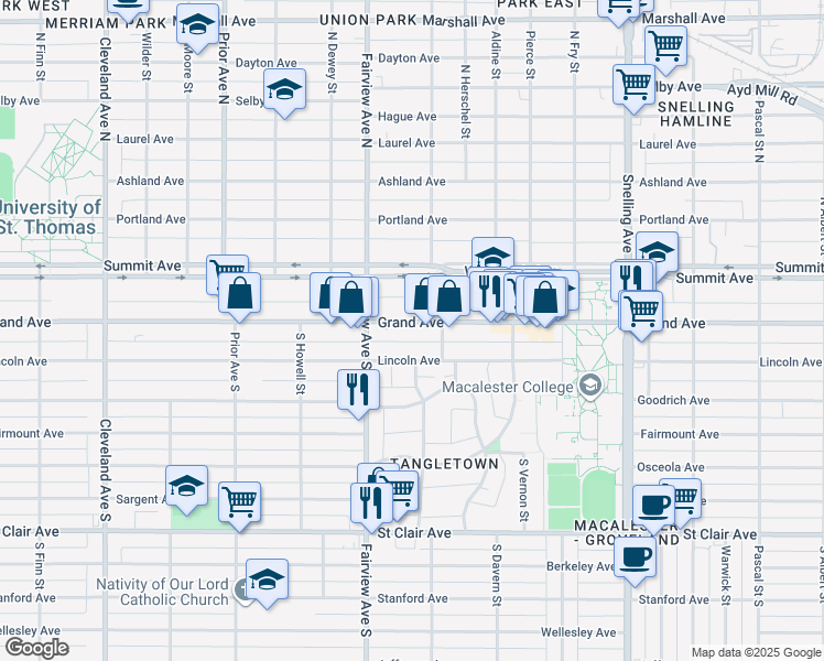 map of restaurants, bars, coffee shops, grocery stores, and more near 1770 Grand Avenue in Saint Paul