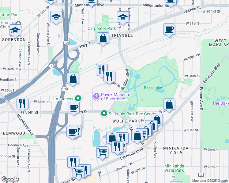 map of restaurants, bars, coffee shops, grocery stores, and more near 3510 Belt Line Blvd in Minneapolis