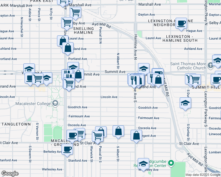 map of restaurants, bars, coffee shops, grocery stores, and more near 1426 West Grand Avenue in Saint Paul