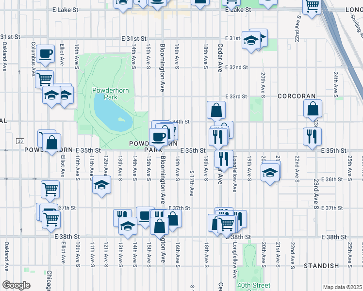 map of restaurants, bars, coffee shops, grocery stores, and more near 3444 South 17th Avenue in Minneapolis