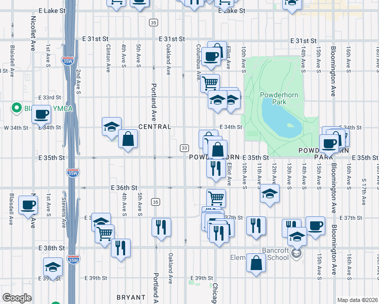 map of restaurants, bars, coffee shops, grocery stores, and more near 3441 Park Avenue in Minneapolis