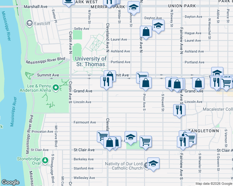 map of restaurants, bars, coffee shops, grocery stores, and more near 2028 Grand Avenue in Saint Paul