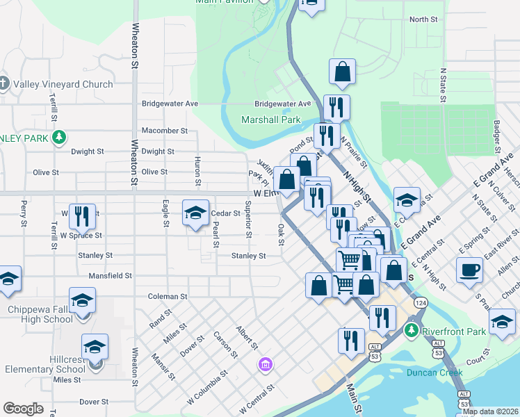 map of restaurants, bars, coffee shops, grocery stores, and more near 116 West Cedar Street in Chippewa Falls