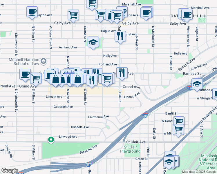 map of restaurants, bars, coffee shops, grocery stores, and more near 649 West Grand Avenue in Saint Paul