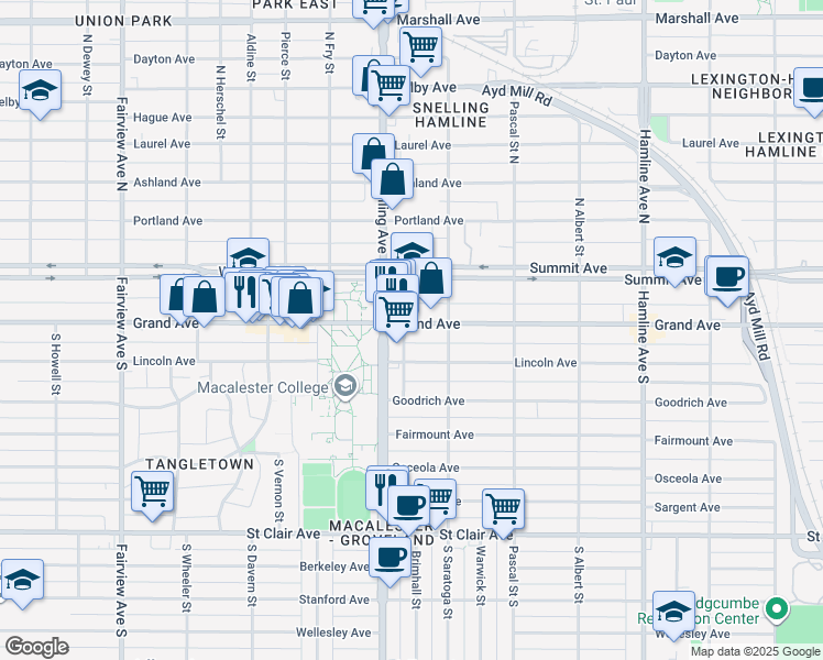 map of restaurants, bars, coffee shops, grocery stores, and more near 1580 Grand Avenue in Saint Paul