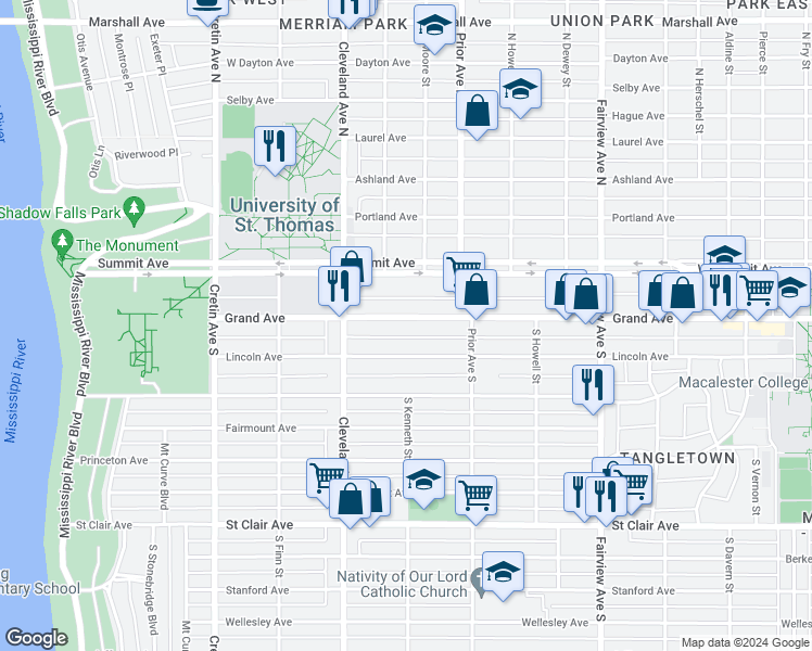 map of restaurants, bars, coffee shops, grocery stores, and more near 1990 Grand Avenue in Saint Paul