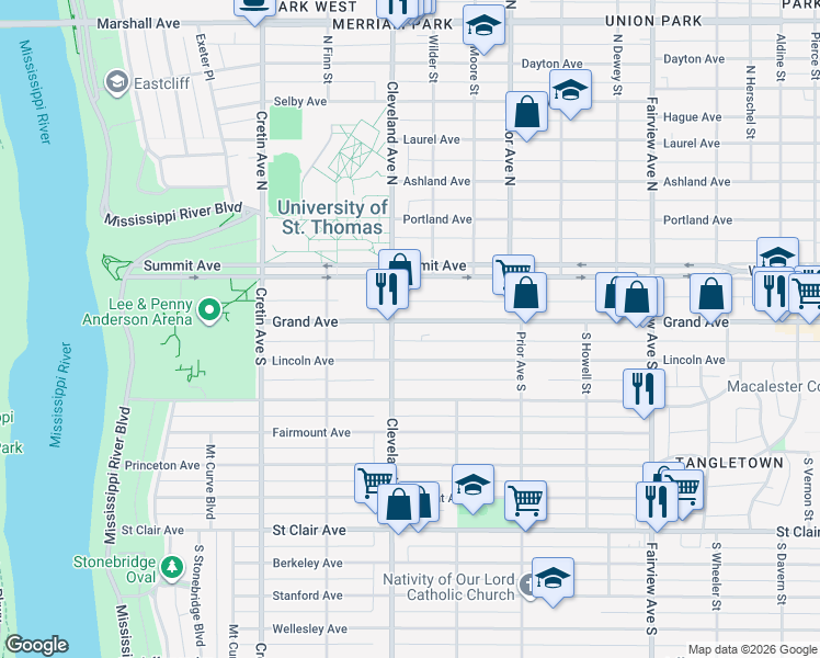 map of restaurants, bars, coffee shops, grocery stores, and more near 2028 Grand Avenue in Saint Paul