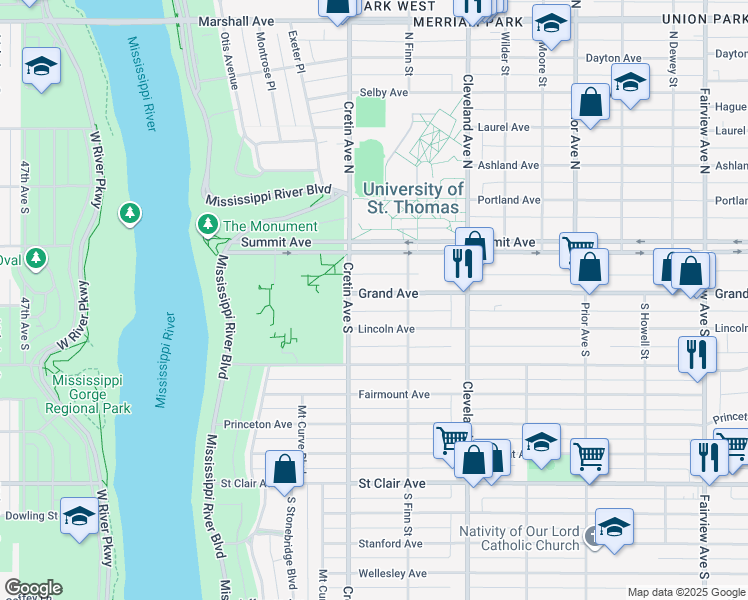 map of restaurants, bars, coffee shops, grocery stores, and more near in Saint Paul