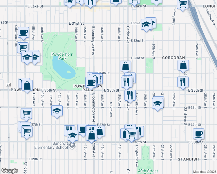 map of restaurants, bars, coffee shops, grocery stores, and more near 3444 South 17th Avenue in Minneapolis