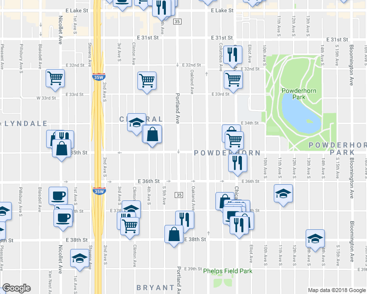 map of restaurants, bars, coffee shops, grocery stores, and more near 3446 Oakland Avenue in Minneapolis