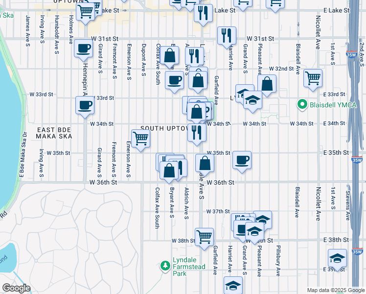 map of restaurants, bars, coffee shops, grocery stores, and more near 3436 Aldrich Avenue South in Minneapolis