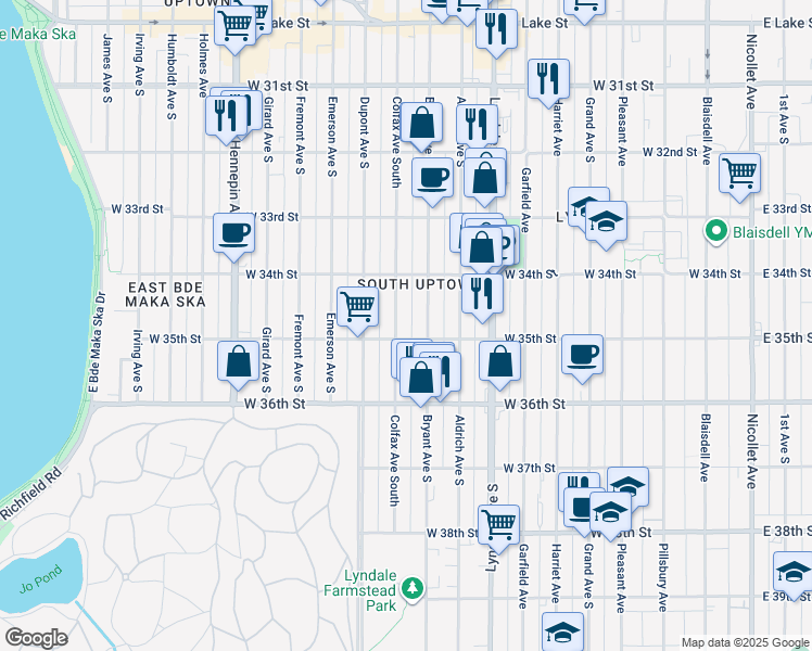 map of restaurants, bars, coffee shops, grocery stores, and more near 3442 Bryant Avenue South in Minneapolis