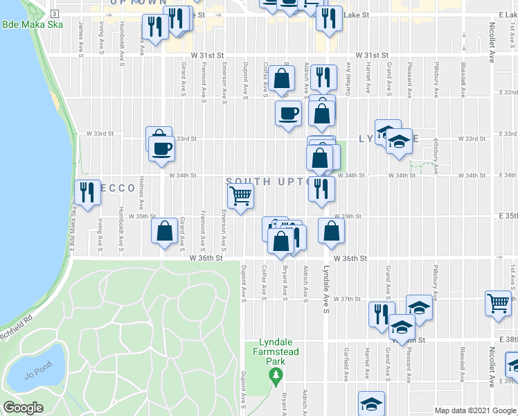 map of restaurants, bars, coffee shops, grocery stores, and more near 3440 Colfax Avenue South in Minneapolis