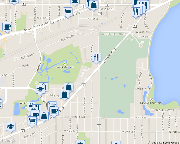 map of restaurants, bars, coffee shops, grocery stores, and more near 3920 Excelsior Boulevard in Minneapolis