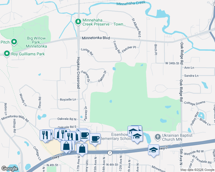 map of restaurants, bars, coffee shops, grocery stores, and more near 3531 Oakton Drive in Hopkins