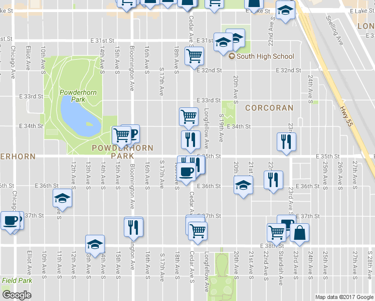 map of restaurants, bars, coffee shops, grocery stores, and more near 3442 Cedar Avenue in Minneapolis