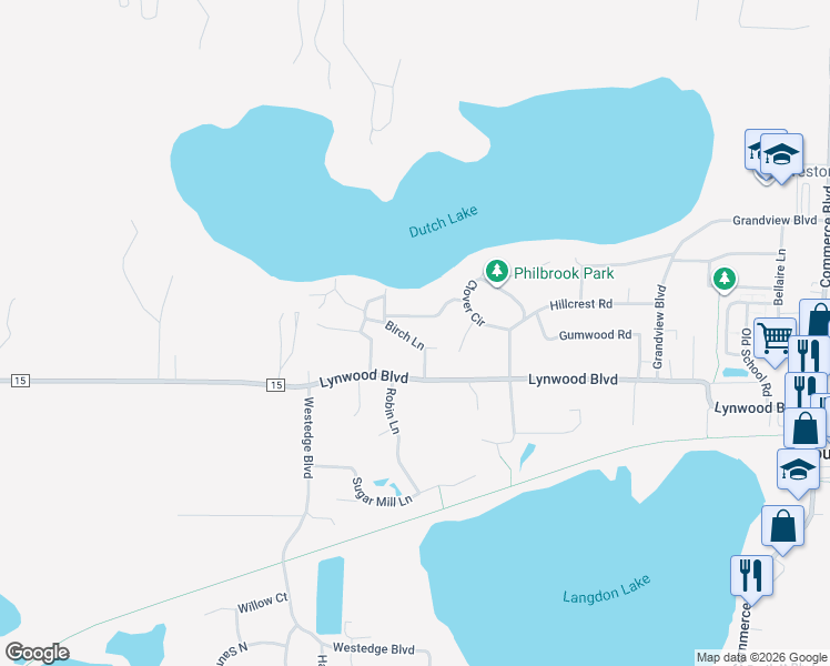 map of restaurants, bars, coffee shops, grocery stores, and more near 6242 Birch Lane in Mound