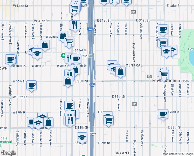 map of restaurants, bars, coffee shops, grocery stores, and more near 3445 2nd Avenue South in Minneapolis