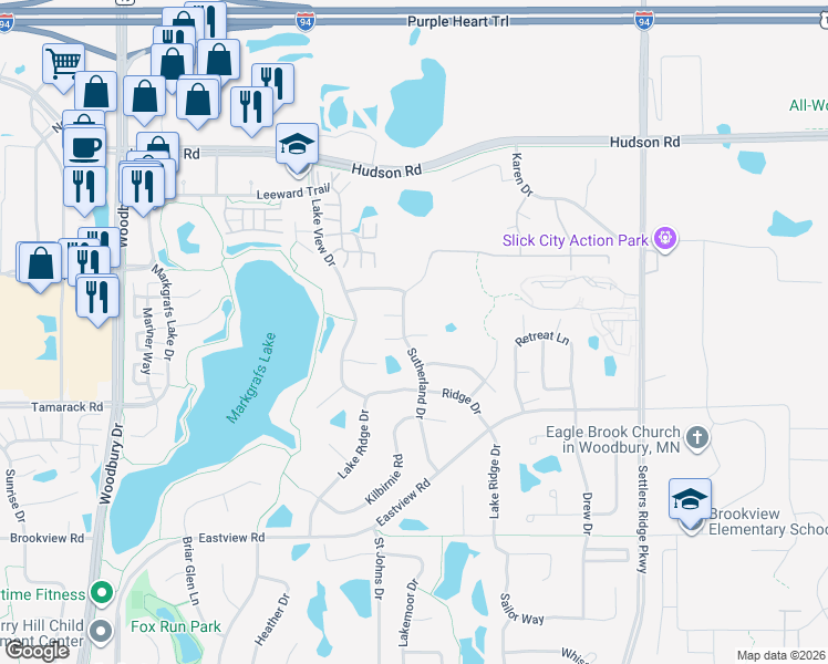 map of restaurants, bars, coffee shops, grocery stores, and more near 611 Sutherland Drive in Woodbury
