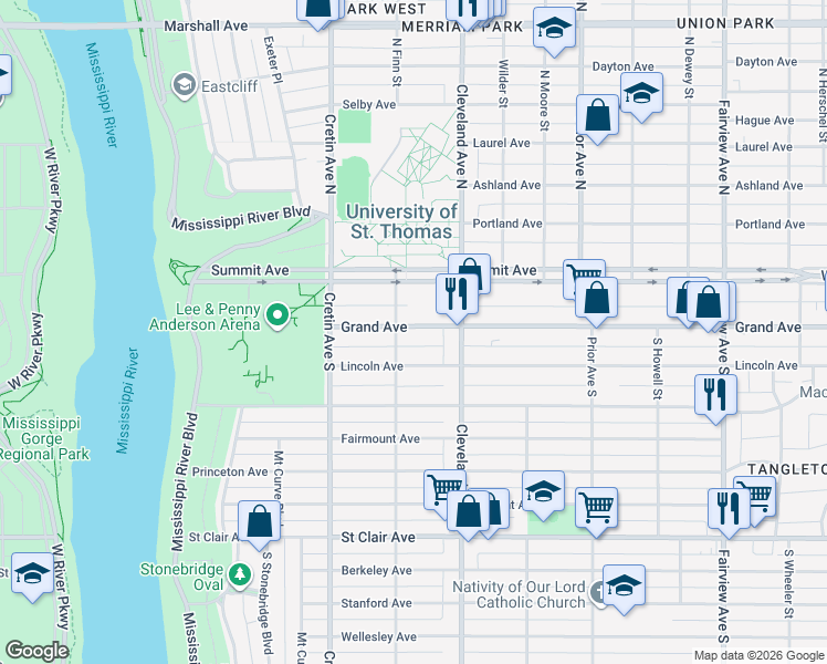 map of restaurants, bars, coffee shops, grocery stores, and more near 2100 Grand Avenue in Saint Paul