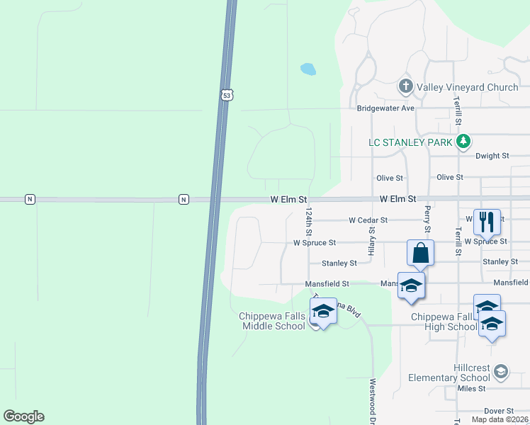 map of restaurants, bars, coffee shops, grocery stores, and more near 929 Bluff View Circle in Chippewa Falls
