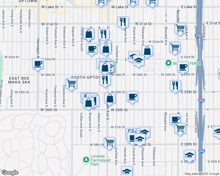 map of restaurants, bars, coffee shops, grocery stores, and more near 3439 Lyndale Avenue South in Minneapolis