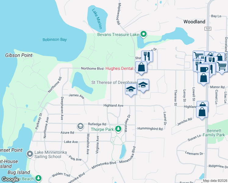 map of restaurants, bars, coffee shops, grocery stores, and more near 3520 Hamilton Avenue in Wayzata