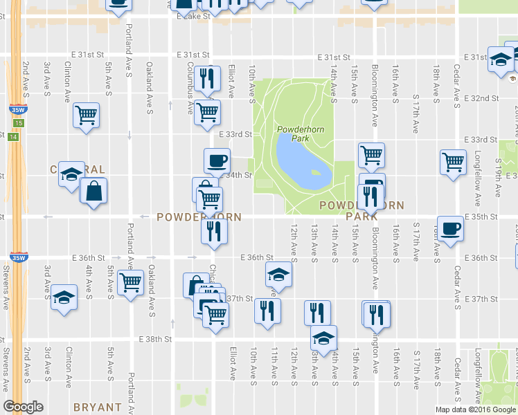 map of restaurants, bars, coffee shops, grocery stores, and more near 3447 10th Avenue South in Minneapolis