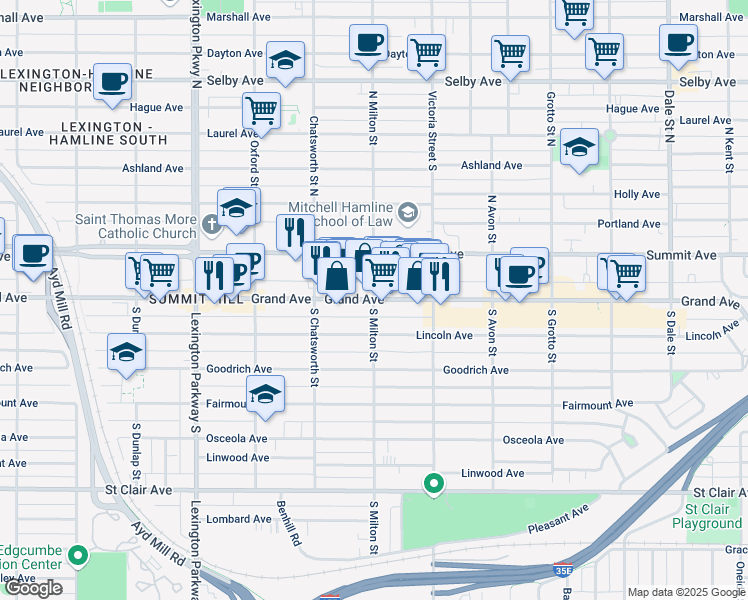 map of restaurants, bars, coffee shops, grocery stores, and more near Grand Ave & S Milton St in St Paul