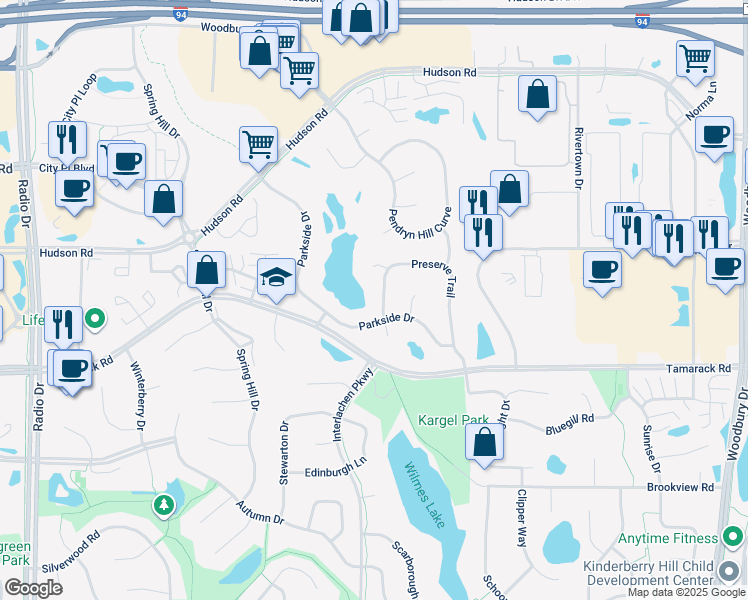 map of restaurants, bars, coffee shops, grocery stores, and more near 9288 Preserve Trail in Woodbury