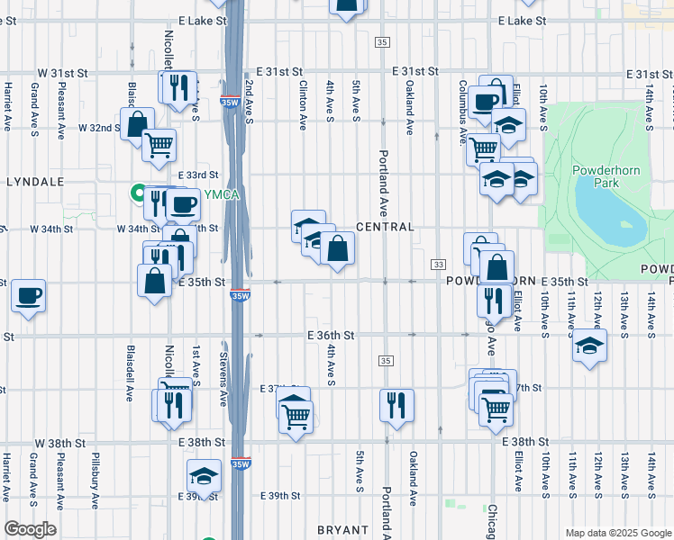 map of restaurants, bars, coffee shops, grocery stores, and more near 3445 4th Avenue South in Minneapolis