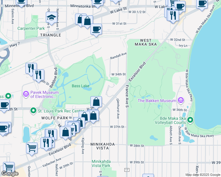 map of restaurants, bars, coffee shops, grocery stores, and more near 3560 Minikahda Court in St. Louis Park