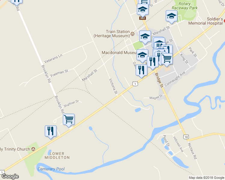 map of restaurants, bars, coffee shops, grocery stores, and more near 7 Victoria Street in Middleton
