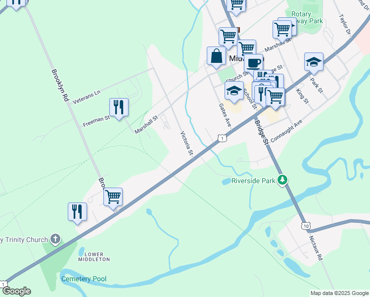 map of restaurants, bars, coffee shops, grocery stores, and more near 7 Victoria Street in Middleton