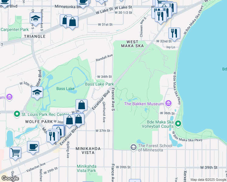 map of restaurants, bars, coffee shops, grocery stores, and more near 3516 France Avenue South in St. Louis Park