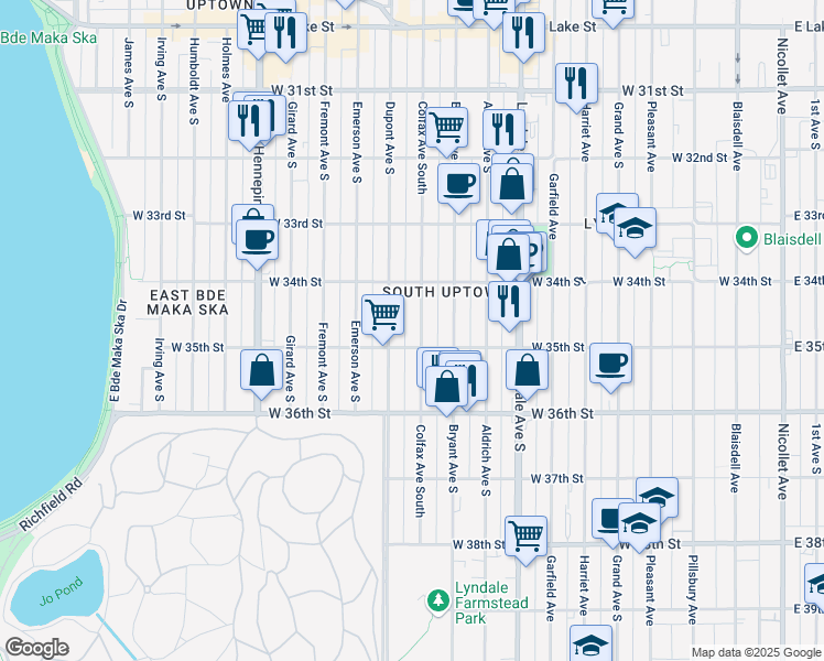 map of restaurants, bars, coffee shops, grocery stores, and more near 3440 Colfax Avenue South in Minneapolis