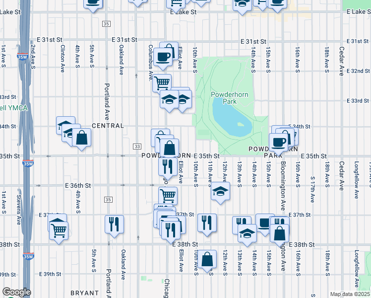 map of restaurants, bars, coffee shops, grocery stores, and more near 3445 Elliot Avenue in Minneapolis