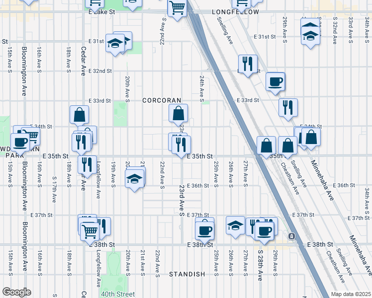 map of restaurants, bars, coffee shops, grocery stores, and more near 3441 23rd Avenue South in Minneapolis