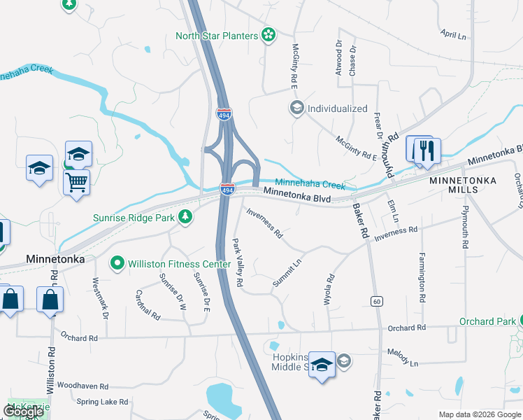 map of restaurants, bars, coffee shops, grocery stores, and more near 13800 Inverness Road in Hopkins
