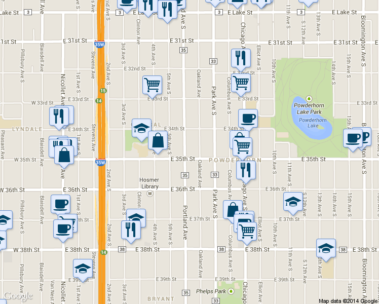 map of restaurants, bars, coffee shops, grocery stores, and more near 3437 Portland Avenue in Minneapolis