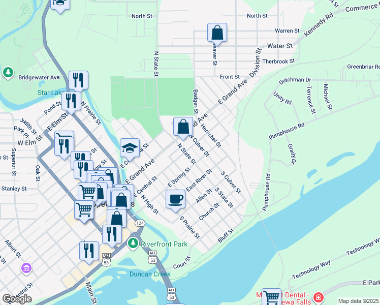 map of restaurants, bars, coffee shops, grocery stores, and more near 117 North State Street in Chippewa Falls