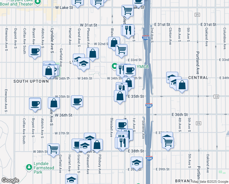 map of restaurants, bars, coffee shops, grocery stores, and more near 3445 Blaisdell Avenue in Minneapolis