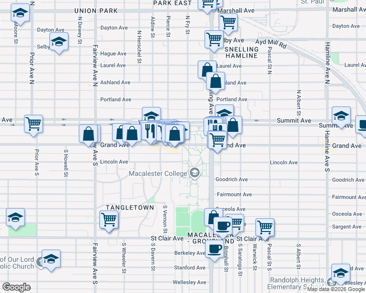 map of restaurants, bars, coffee shops, grocery stores, and more near 1600 Grand Ave in St Paul